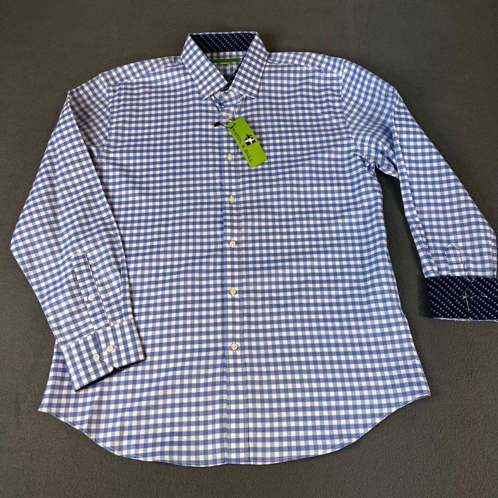 Bristol & Bull Mens Blue White Gingham Cotton Button Down Shirt Large NWT